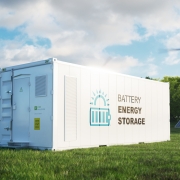 concept of a modern high-capacity battery energy storage system in a container located in the middle of a lush meadow with a forest in the background. 3d rendering